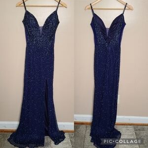 PromGirl Navy Fully Beaded Plunge Neckline Open Back Sleeveless Gown